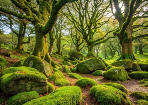 Moss-covered stones and ancient tree trunks in Idless Woods near Truro