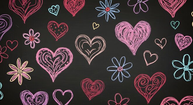 Colorful hearts and flowers chalkboard pattern