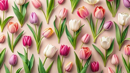 Obraz premium Colorful tulips arranged in a seamless spring flower pattern with delicate petals and green leaves on a pastel pink background