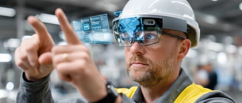 Augmented Reality in Action: An engineer dons innovative augmented reality glasses, seamlessly blending digital data with the physical world, poised to reshape industry through tech innovation.