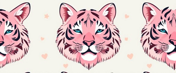 Obraz premium Adorable pink-skinned tiger cat face seamless vector pattern Scandinavian style nursery print, kids wrapping paper, toddler, vector illustration