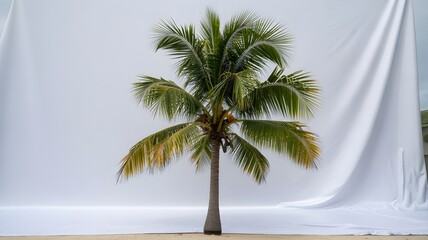 Obraz premium A tall slender palm tree with lush green fronds stands against a soft white backdrop showcasing its tropical beauty and natural elegance