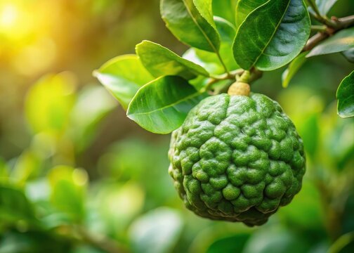 Green kaffir lime fruit on tree in warm sunlight glow