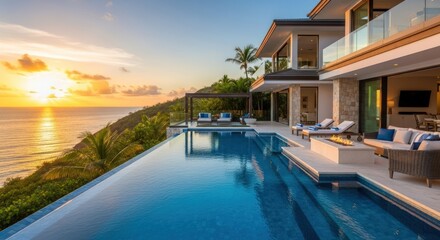 Fototapeta premium Luxury Ocean View Villa with Infinity Pool at Sunset, Tropical Vacation