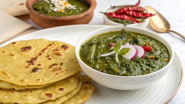realistic colorful designs of Punjabi sarson da saag with makki di roti, white background, no text