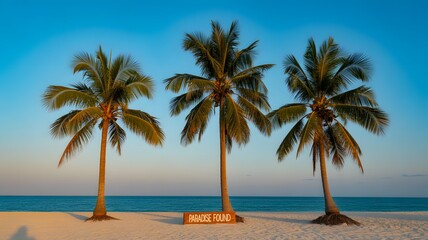 Fototapeta premium Three tall palm trees stand on a sandy beach with the ocean and a clear blue sky in the background