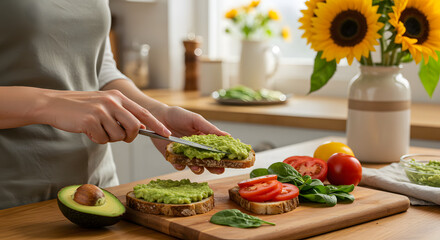 A woman preparing a healthy vegetarian breakfast, spreading fresh avocado on toast in a bright, modern kitchen with sunflowers