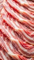 Thinly sliced raw pork bacon with a marbled texture and a hint of pink color in the center