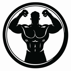 Bodybuilder flexing muscles inside the circle shape, a strong fitness silhouette