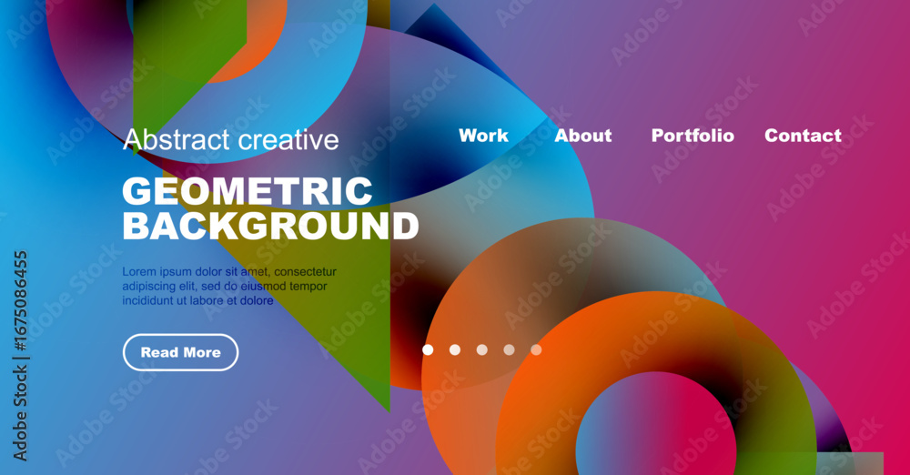 Poster colorful abstract geometric design. website header with text, navigation, button. vibrant shapes ove