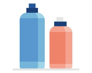 Two bottles of liquid soap or shampoo in blue and peach color schemes for hygiene