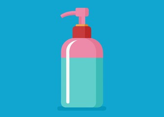 Pink and Red Liquid Soap Dispenser Bottle with Blue Liquid on Blue Background