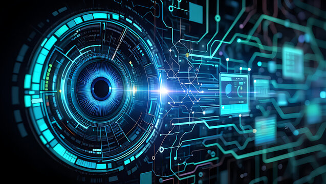 The Advanced Technological Eye Symbolizing Future Innovation and Data Analysis with Futuristic Circuitry and Digital Interfaces Explores the Cutting Edge of Cybernetics