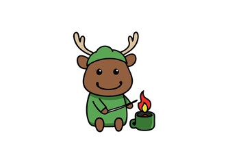 Cute Moose Cartoon Roasting Marshmallow Over Campfire in Green Pajamas and Hat Illustration