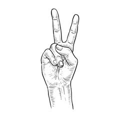 peace hand sign vector line art hand drawn illustration