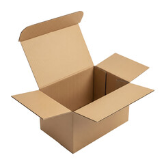 An empty, open brown cardboard box with all flaps up, ready for packaging, shipping, or storage. It a versatile container for various commercial uses.