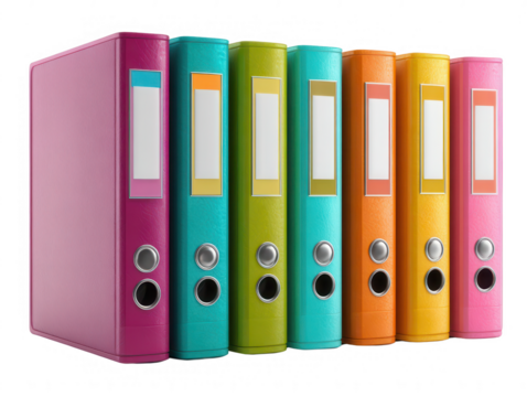 Colorful lever arch files arranged in a row Seven vibrant binders various colors blank labels