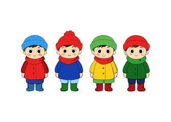 Four Cartoon Children in Winter Coats and Hats Standing in a Row Illustration