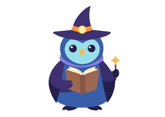 Cute Owl Wizard Reading a Spell Book and Holding a Magic Wand Illustration