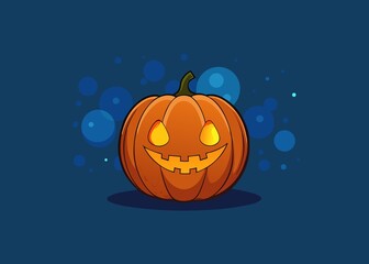 Smiling Jack O Lantern Pumpkin Illustration with Glowing Eyes on Dark Blue Background for Halloween