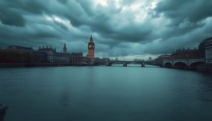 Dramatic stormy clouds gather over the river thames and iconic big ben clock tower in london