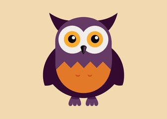 Cute Purple and Orange Owl Illustration with Large Eyes on a Beige Background
