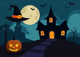 Spooky Halloween Night Scene Featuring a Haunted House Pumpkin Moon and Witch Hat
