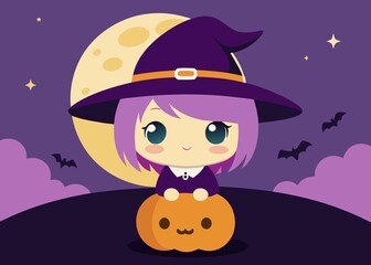 Cute Kawaii Witch Sitting on a Pumpkin Under a Full Moon Halloween Illustration