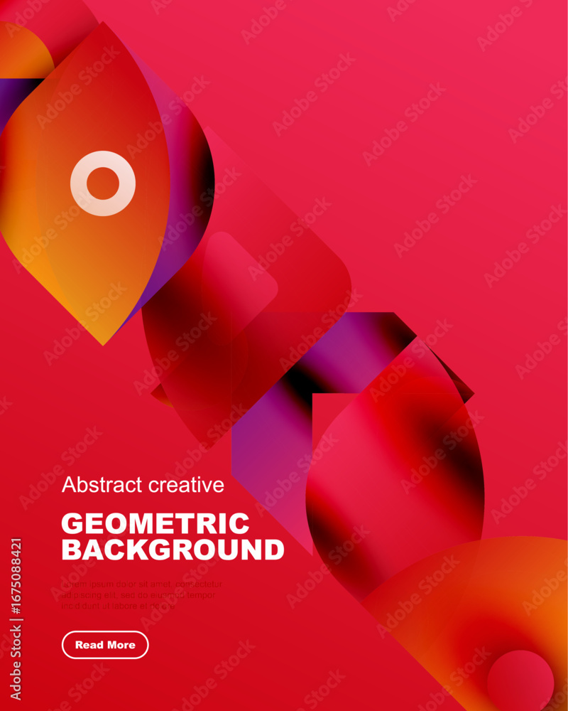 Poster vibrant geometric shapes overlap, creating dynamic red background. modern design features gradients,