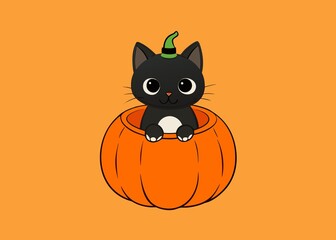 Cute Black Cat Wearing a Witch Hat Inside a Pumpkin for Halloween Illustration