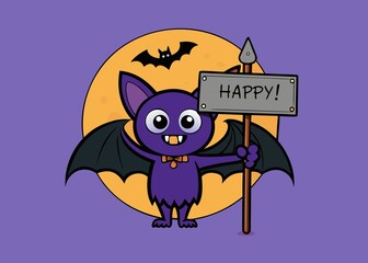 Cute Cartoon Bat Holding a Happy Sign in Front of a Full Moon Illustration