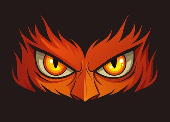 Stylized Owl Face with Fierce Golden Eyes and Fiery Red Feathers on Dark Background