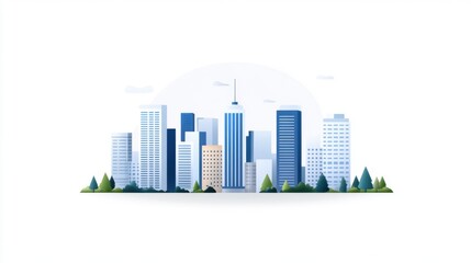 Modern Cityscape Illustration with Skyscrapers and Greenery Elements