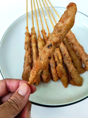 Hand Holding a Golden Brown Minced Chicken Skewer