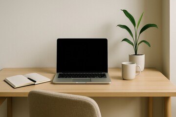 Productive home office setup features sleek laptop, notebook, coffee mug, and vibrant plant, creating inspiring workspace