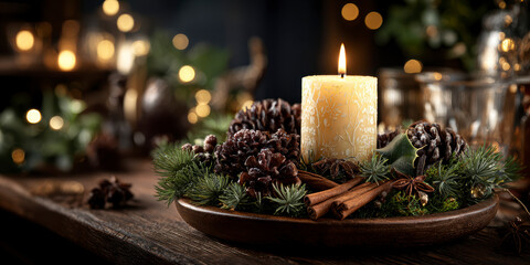 First Advent Sunday – One Candle Lit in Cozy Christmas Setting with Pinecones and Spices. AI generativen.