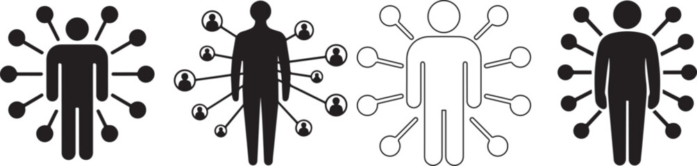 Business network and connection concept showing human figures surrounded by linked circles symbolizing communication, teamwork, relationships, leadership, and digital organization