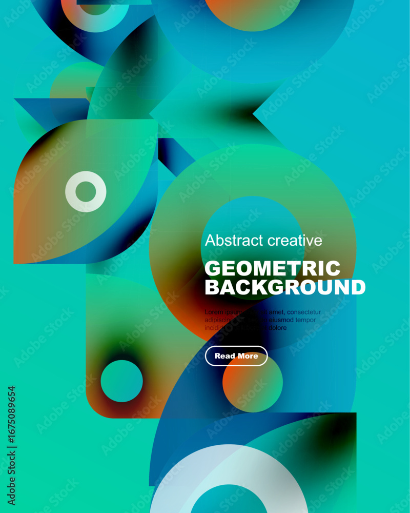 Poster vibrant abstract composition. overlapping shapes create dynamic visual effect. text promotes further