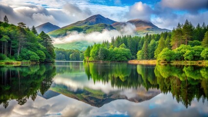 Fototapeta premium A serene loch reflected in still waters surrounded by lush green forest and towering trees