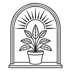 Potted Plant with Sun Rays – Minimalist Black and White Window Frame Vector Art