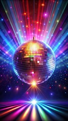 Dazzling disco ball spinning on a dark background with flashing lights and colorful neon hues