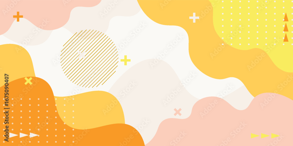 Poster abstract colorful orange memphis flat geometric shapes background. abstract composition with lines s