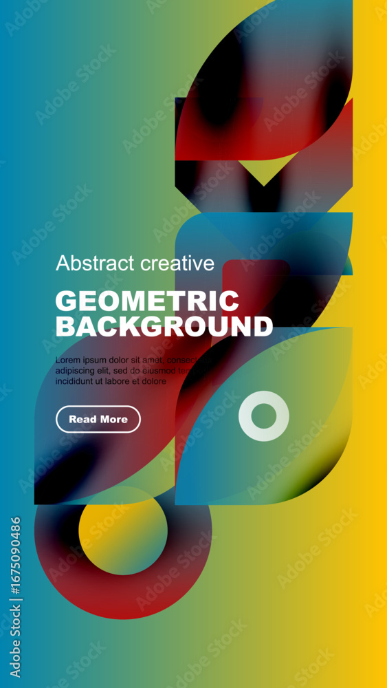 Poster vibrant geometric shapes overlap, creating dynamic abstract background. text elements present design