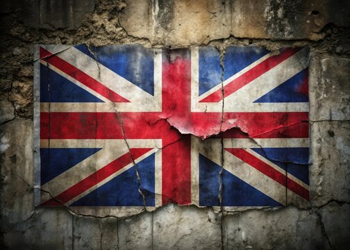 Old Union flag hangs from cracked wall with weathered background