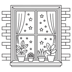 Window with Potted Plants and Starry Night Sky – Minimalist Black and White Vector Art