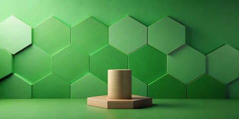 A minimalist arrangement of a small green hexagonal prism standing on its base