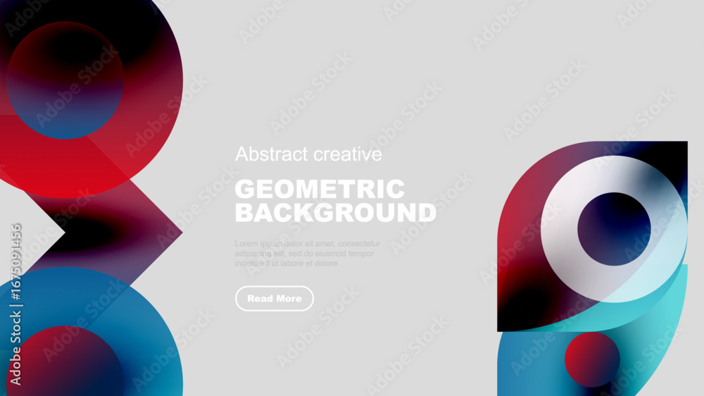Poster abstract geometric design. overlapping shapes create dynamic visual effect. text area present, butto