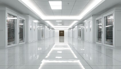Empty white server room hallway