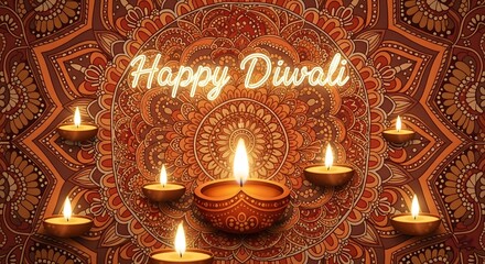 Glowing diyas and happy diwali neon sign on ornate background