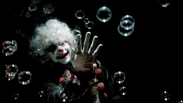 A clown reaching out surrounded by soap bubbles